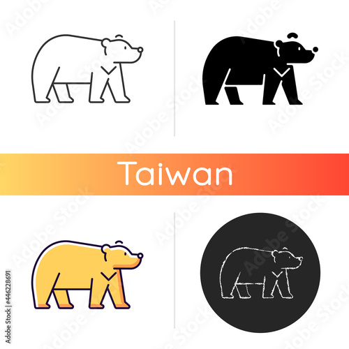 Formosan bear icon. White-throated taiwanesse mammal. Asiatic wildlife representation. Stocky build black fur taiwan endemic. Linear black and RGB color styles. Isolated vector illustrations