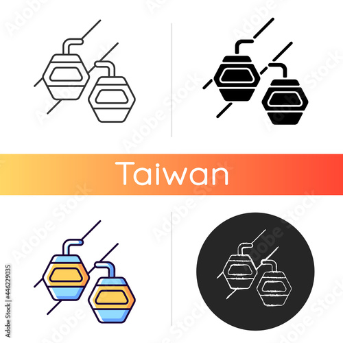 Maokong gondola icon.Taipei lift transportation. Crystal travel cabins. Asian trip. Taiwan cable car. Mountain chariot. Linear black and RGB color styles. Isolated vector illustrations