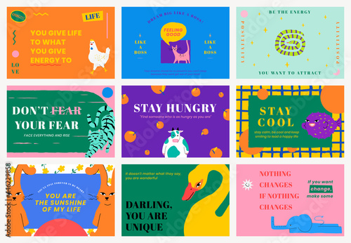 Motivational quote template vector banners with cute animal illustration set