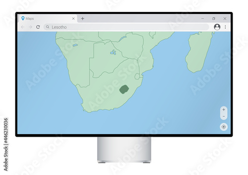 Computer monitor with map of Lesotho in browser, search for the country of Lesotho on the web mapping program.