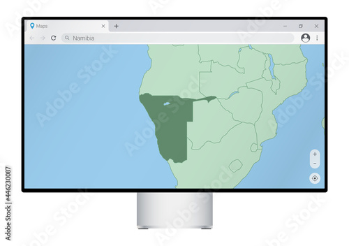 Computer monitor with map of Namibia in browser, search for the country of Namibia on the web mapping program.