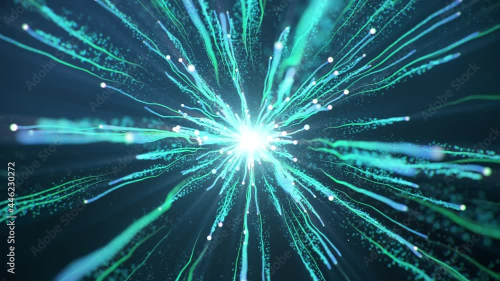 Abstract big bang in space. Flying particles in space with an accelerated-delayed effect. Two particles bump into each other. The particles after the big bang fill the entire space. 4K 3D Animation Abstract big bang in space. Flying particles in space with an accelerated-delayed effect. Two particles bump into each other. The particles after the big bang fill the entire space. 4K 3D Animation