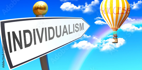 Individualism leads to success - shown as a sign with a phrase Individualism pointing at balloon in the sky with clouds to symbolize the meaning of Individualism, 3d illustration