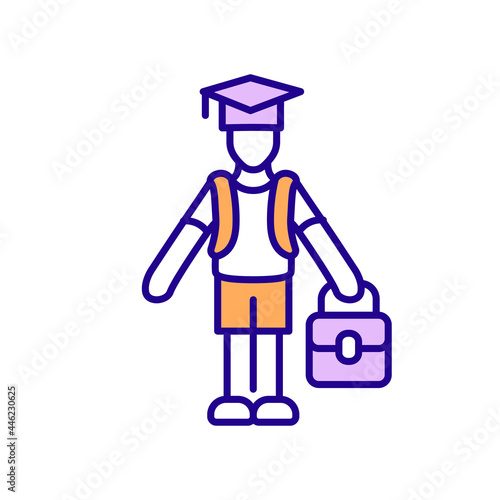 Trainee going studying abroad RGB color icon. Enjoying new experience overseas. Opportunities for student. Isolated vector illustration. International internships for summer simple filled line drawing
