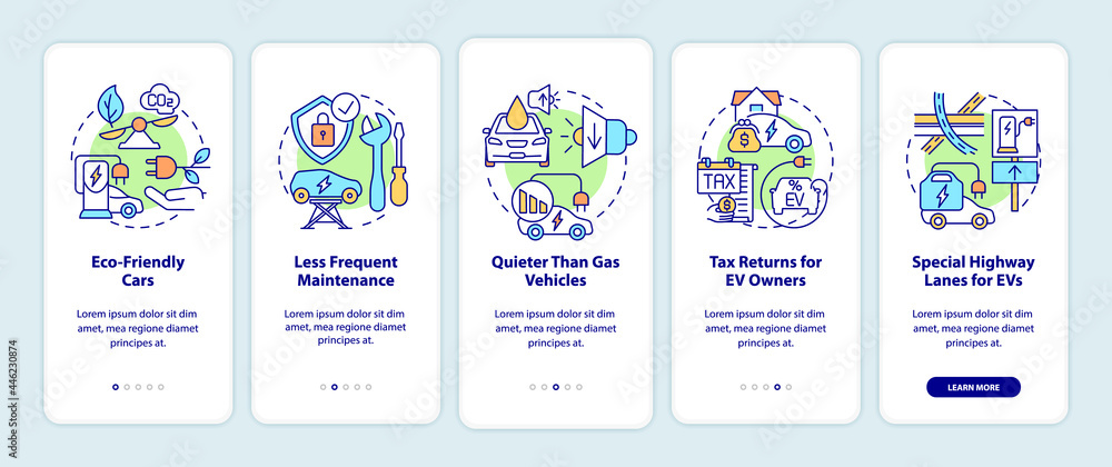 Electric car advantages onboarding mobile app page screen. EV maintenance walkthrough 5 steps graphic instructions with concepts. UI, UX, GUI vector template with linear color illustrations