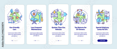Electric car advantages onboarding mobile app page screen. EV maintenance walkthrough 5 steps graphic instructions with concepts. UI, UX, GUI vector template with linear color illustrations