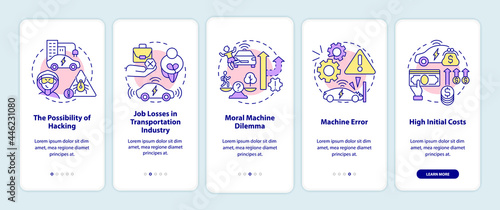 Self-driving cars cons onboarding mobile app page screen. EV bad sides walkthrough 5 steps graphic instructions with concepts. UI, UX, GUI vector template with linear color illustrations