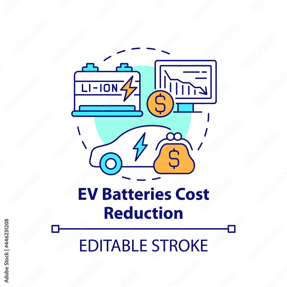 Electric vehicles batteries cost reduction concept icon. EV charging solutions. Eco transport abstract idea thin line illustration. Vector isolated outline color drawing. Editable stroke Electric vehicles batteries cost reduction concept icon. EV charging solutions. Eco transport abstract idea thin line illustration. Vector isolated outline color drawing. Editable stroke