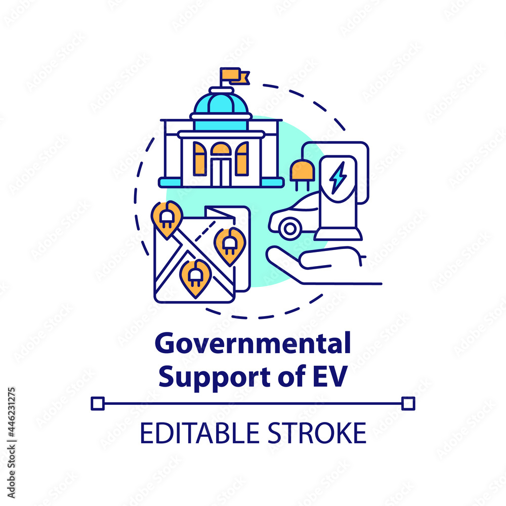 Electric vehicles governmental support concept icon. Eco cars buying promotion abstract idea thin line illustration. Qualitative assessment. Vector isolated outline color drawing. Editable stroke Electric vehicles governmental support concept icon. Eco cars buying promotion abstract idea thin line illustration. Qualitative assessment. Vector isolated outline color drawing. Editable stroke