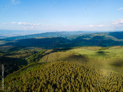 Aerial landscape with field and blue sky