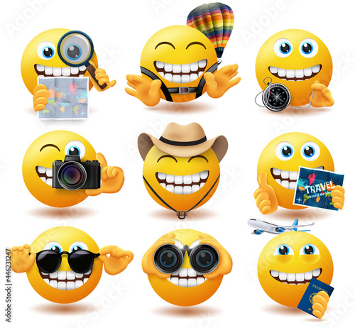 Emoji travel smiley vector set. Emoticon travelling characters with map, compass and hat explore and adventure elements for traveller character collection design. Vector illustration 