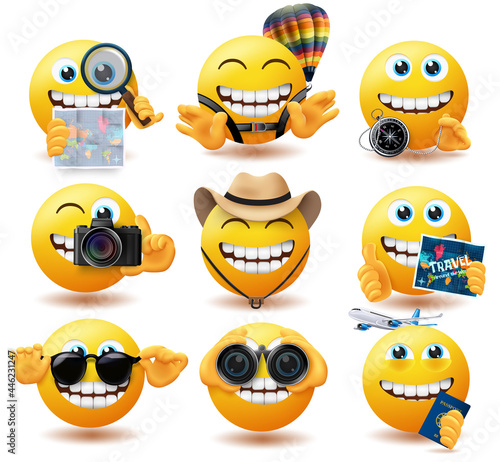 Emoji travel smiley vector set. Emoticon travelling characters with map, compass and hat explore and adventure elements for traveller character collection design. Vector illustration
