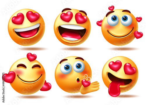 Smileys love emoticon vector character set. Smiley in love 3d emoji characters with hearts element in happy and flying kiss facial expressions for inlove emojis collection design. Vector illustration
