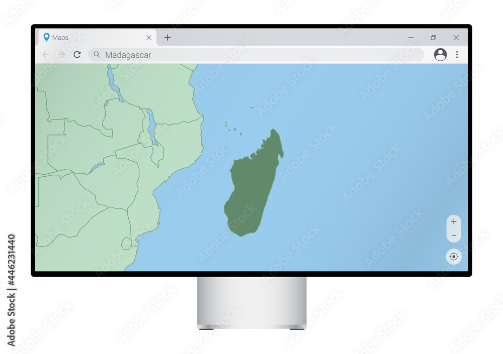 Computer monitor with map of Madagascar in browser, search for the country of Madagascar on the web mapping program. Computer monitor with map of Madagascar in browser, search for the country of Madagascar on the web mapping program.