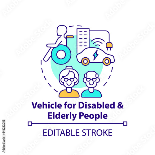 Disabled and elderly people vehicle concept icon. Autonomous cars benefits. Transforming mobility abstract idea thin line illustration. Vector isolated outline color drawing. Editable stroke