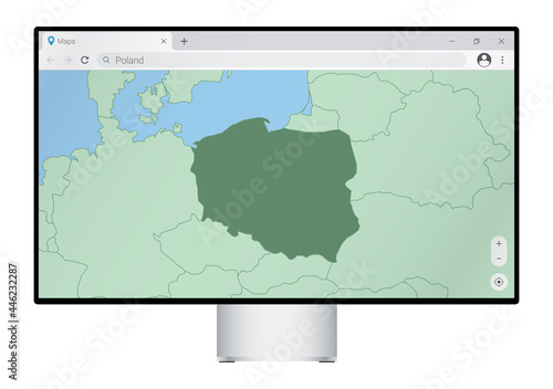Computer monitor with map of Poland in browser  search for the country of Poland on the web mapping program.