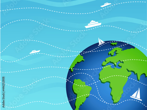 Banner Tourist travel around the globe. international cargo transportation. travel ship around the world.
