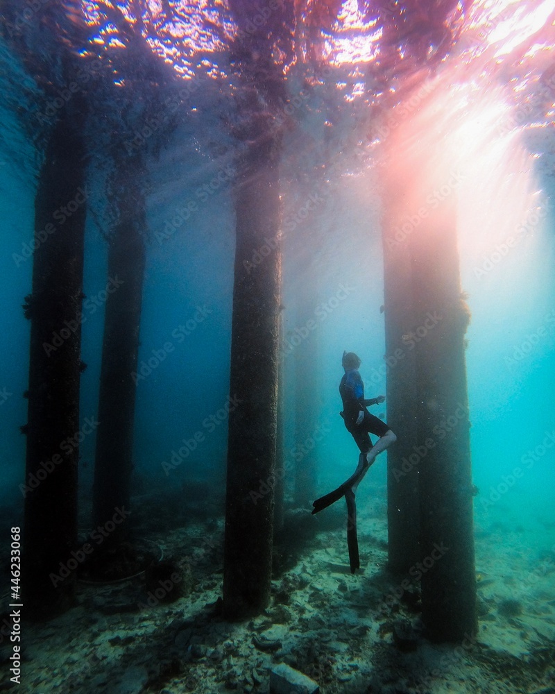 Plakat Freediver under the pier with light rays