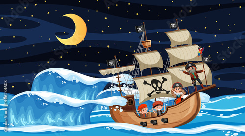 Ocean with Pirate ship at night scene in cartoon style
