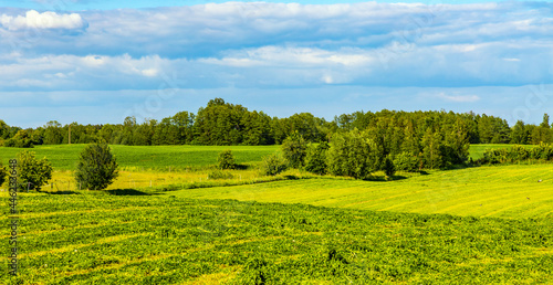 Fototapeta Naklejka Na Ścianę i Meble -  Panoramic summer view of meadows and wooded plains at Jezioro Selmet Wielki lake in Sedki village in Masuria region of Poland