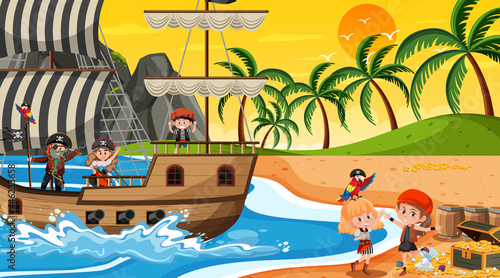 Treasure Island scene at sunset time with Pirate kids © brgfx