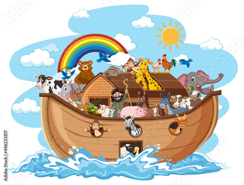 Noah's Ark with Animals on water wave isolated on white background