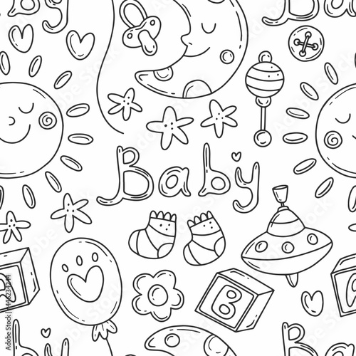 Black and white vector seamless pattern elements on the theme of the birth of a child in doodle style. Vector baby print with cute elements.