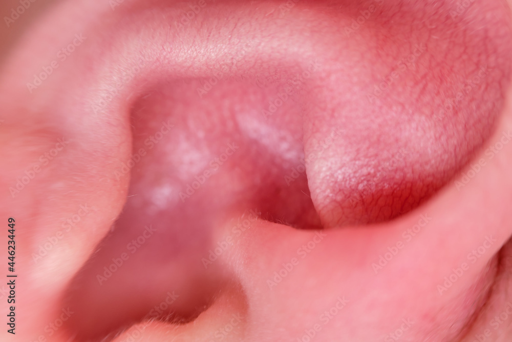 Ear of a newborn baby, close-up. Macro photo of a healthy child ear
