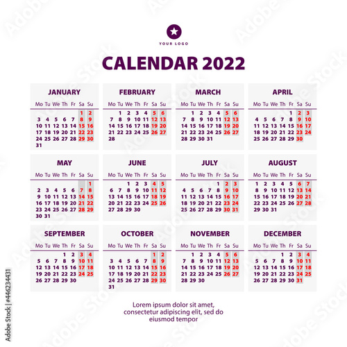 2022 Year Calendar. Week starts on Monday. Concept for print and WEB. Vector illustration.