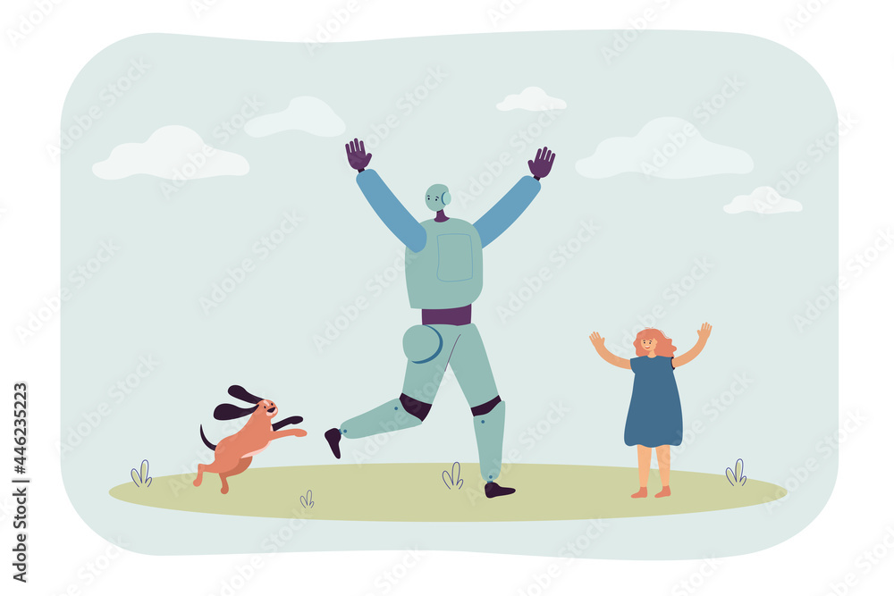 Robot, dog and girl having fun on lawn flat vector illustration. Outdoor activity, cyborg, technology and artificial intelligence concept for banner, website design or landing web page