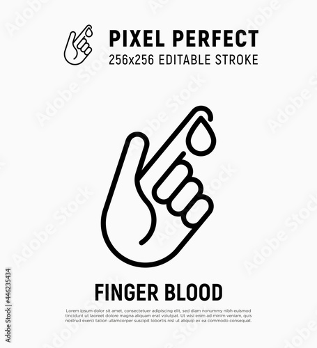 Blood test thin line icon. Diabetes. Blood droplet from finger. Diagnostics of sugar level. Pixel perfect, editable stroke. Vector illustration.