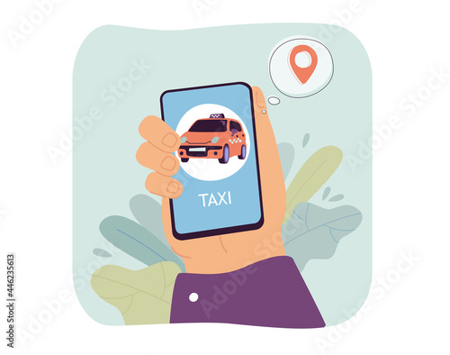 Hand holding smartphone with taxi app on screen. Person booking yellow car online through mobile app flat vector illustration. Transportation, cab concept for banner, website design or landing web