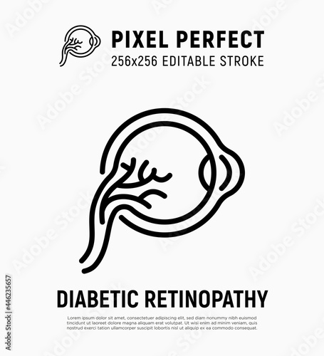 Diabetic retinopathy thin line icon. Ophthalmology. Damage of eyeball because of diabetes mellitus disease. Pixel perfect, editable stroke. Vector illustration.