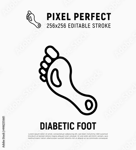 Diabetic foot thin line icon. Open sores on the feet. Pixel perfect, editable stroke. Vector illustration.