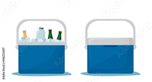 Cooler bag. Cold drinks. Portable refrigerator. Car refrigerator. Ice box with drinks. Open fridge with drinks and closed fridge. Vector illustration isolated on white background.
