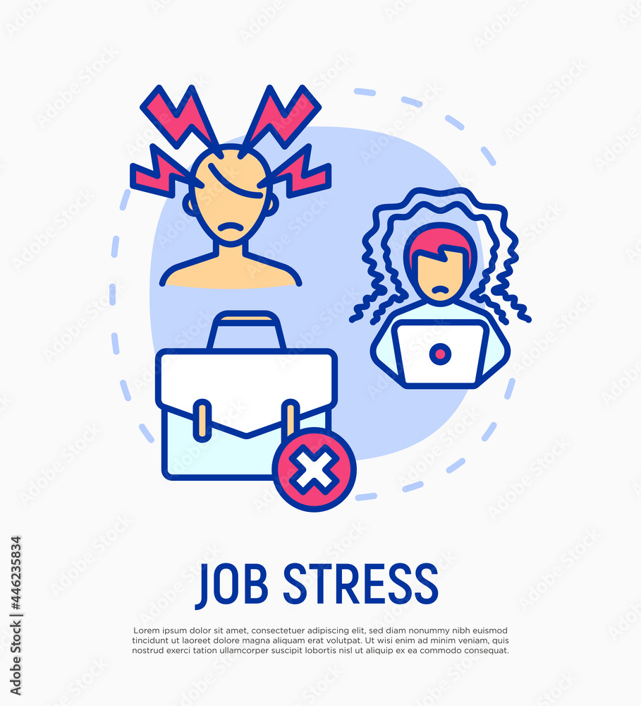 Job stress, burnout concept with thin line icons, working fatigue, overworked man. Professional crisis, low activity, deadline, annoyance. Vector illustration. Job stress, burnout concept with thin line icons, working fatigue, overworked man. Professional crisis, low activity, deadline, annoyance. Vector illustration.