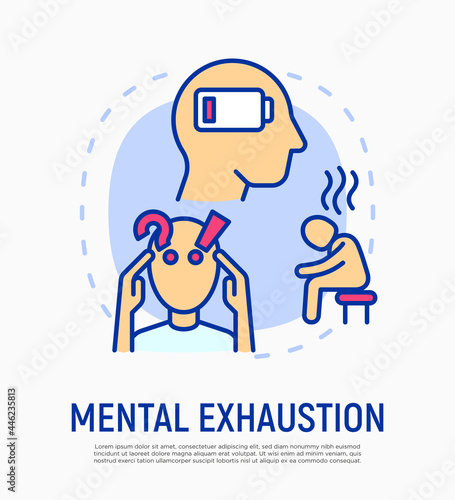 Mental exhaustion concept with thin line icons, working fatigue, frustrated man, low battery. Depression, professional crisis, low activity. Vector illustration.