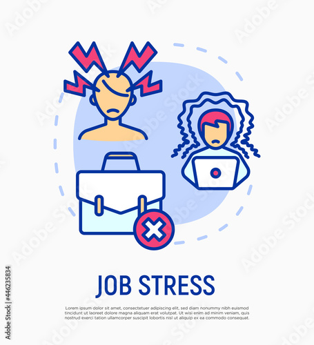 Job stress, burnout concept with thin line icons, working fatigue, overworked man. Professional crisis, low activity, deadline, annoyance. Vector illustration.