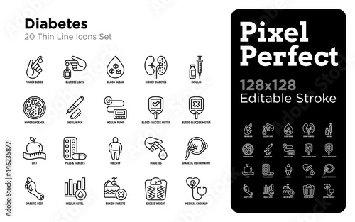 Diabetes thin line icons set: blood test, glucometer, glucose level, insulin pen, hyperglycemia, insulin pump, diabetic retinopathy, medical checkup Pixel perfect, editable stroke. Vector illustration