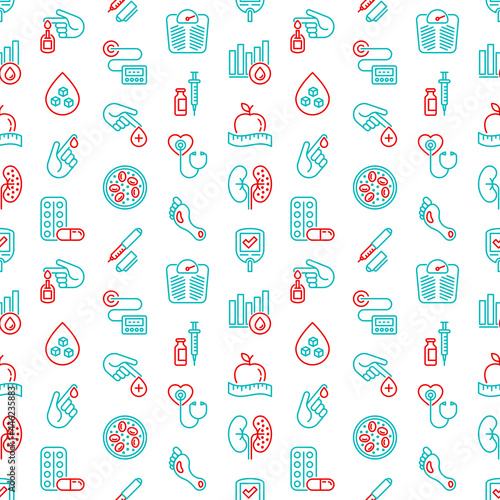 Diabetes seamless pattern with thin line icons: blood test, glucometer, glucose level, insulin pen, hyperglycemia, insulin pump, diabetic retinopathy,. Vector illustration for medical background.