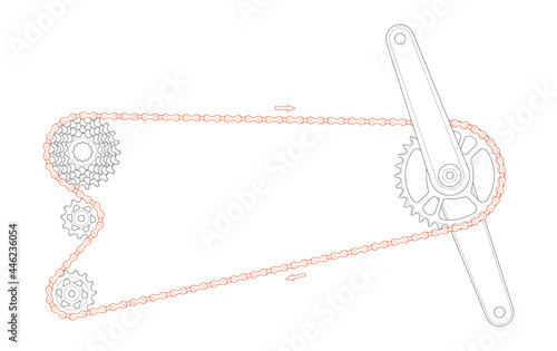 Vector line bicycle drivetrain cranks with red line chain with directional arrows. Isolated on white background.