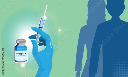 Coronavirus Vaccine Vector Background, Coronavirus COVID-19 Vaccination with Vaccine Bottle and Syringe Injection Tool, Vector Illustration, Concept Waiting for everyone's vaccine.