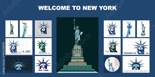 Welcome to New York. Statue of Liberty design template set. Banner, geometric blue and white flat design. Booklet, album poster. Name Independence Day. X-banner.Information banner, vector illustration