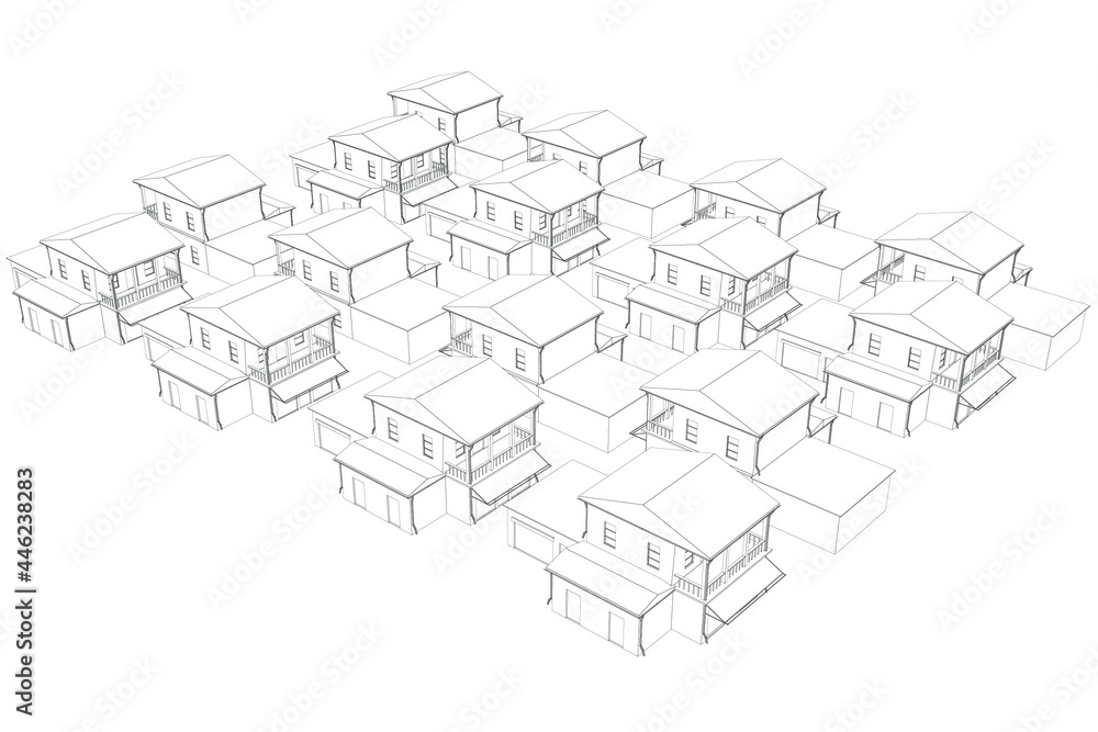 Contour of private houses isolated on white background. Isometric view. Vector illustration