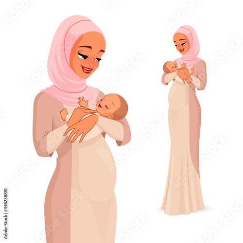 Happy Muslim mother with newborn baby. Vector illustration.