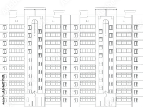 The outline of a multi-storey residential building. Front view. Vector illustration