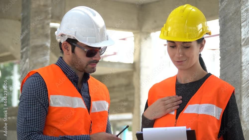 architect man using walkie talkie calling foreman women come to  discuss with tablet on construction site at village . contractor worker Inspection with builder . Engineer  shaking hands in workshop