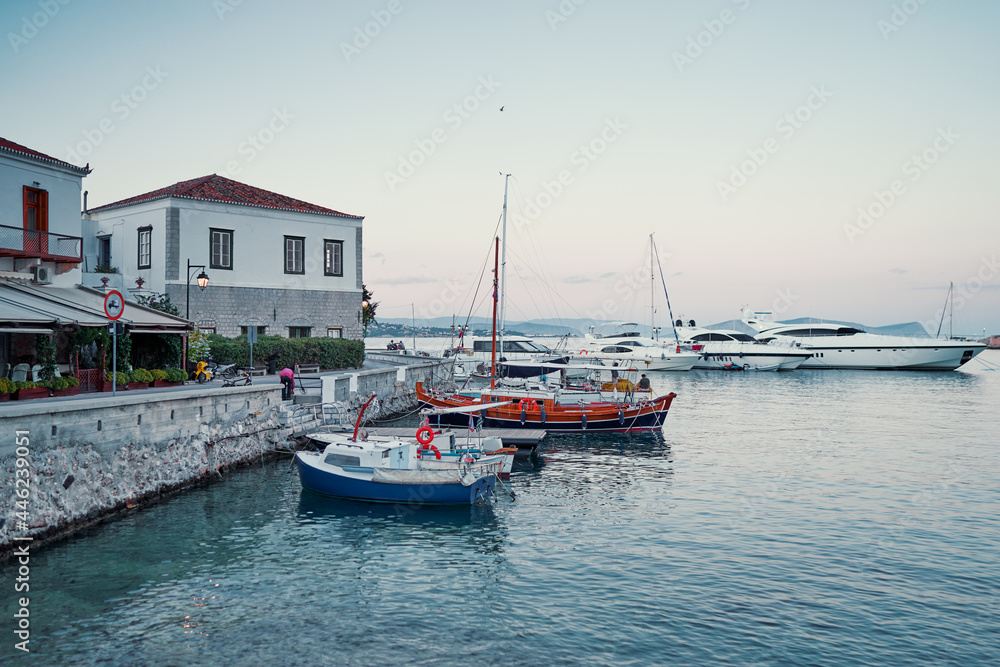 Old town with traditional white houses near the sea. Saronic gulf, Greece, Europe.