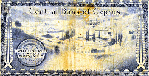 Large part of back side of the 250 Mil banknote Cyprus Year 1978 equals 0.25 Cypriot pounds, non circulating anymore, reverse side features a coal mine with mine carts and a train, old Cypriot money