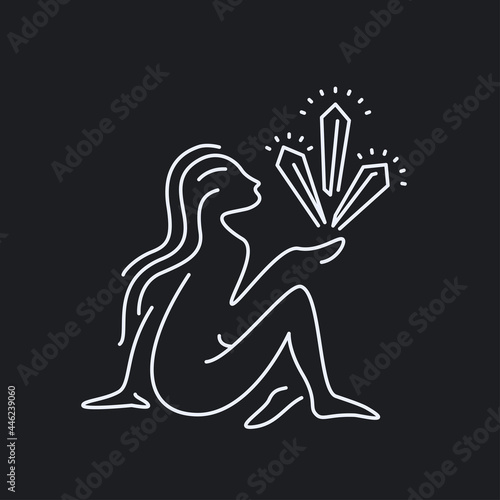 Crystal healing concept outline design illustration. Side view of a sitting woman with hand holding crystals. Alternative medicine symbol white filled isolated on transparent background.